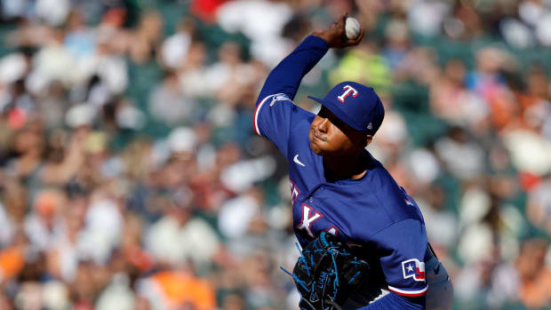 Jun 18, 2022; Detroit, Michigan, USA; Texas Rangers relief pitcher Jose Leclerc pitches in the sixth inning against the Detroit Tigers at Comerica Park. Mandatory Credit: Rick Osentoski-USA TODAY Sports
